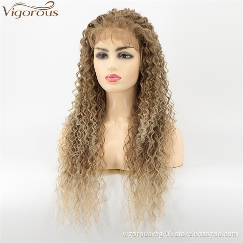 Vigorous Cheap Lace Frontal Synthetic Kinky Curly Wigs for White Women Long Ombre Brown To Blonde Wig Heat Resistant Fiber